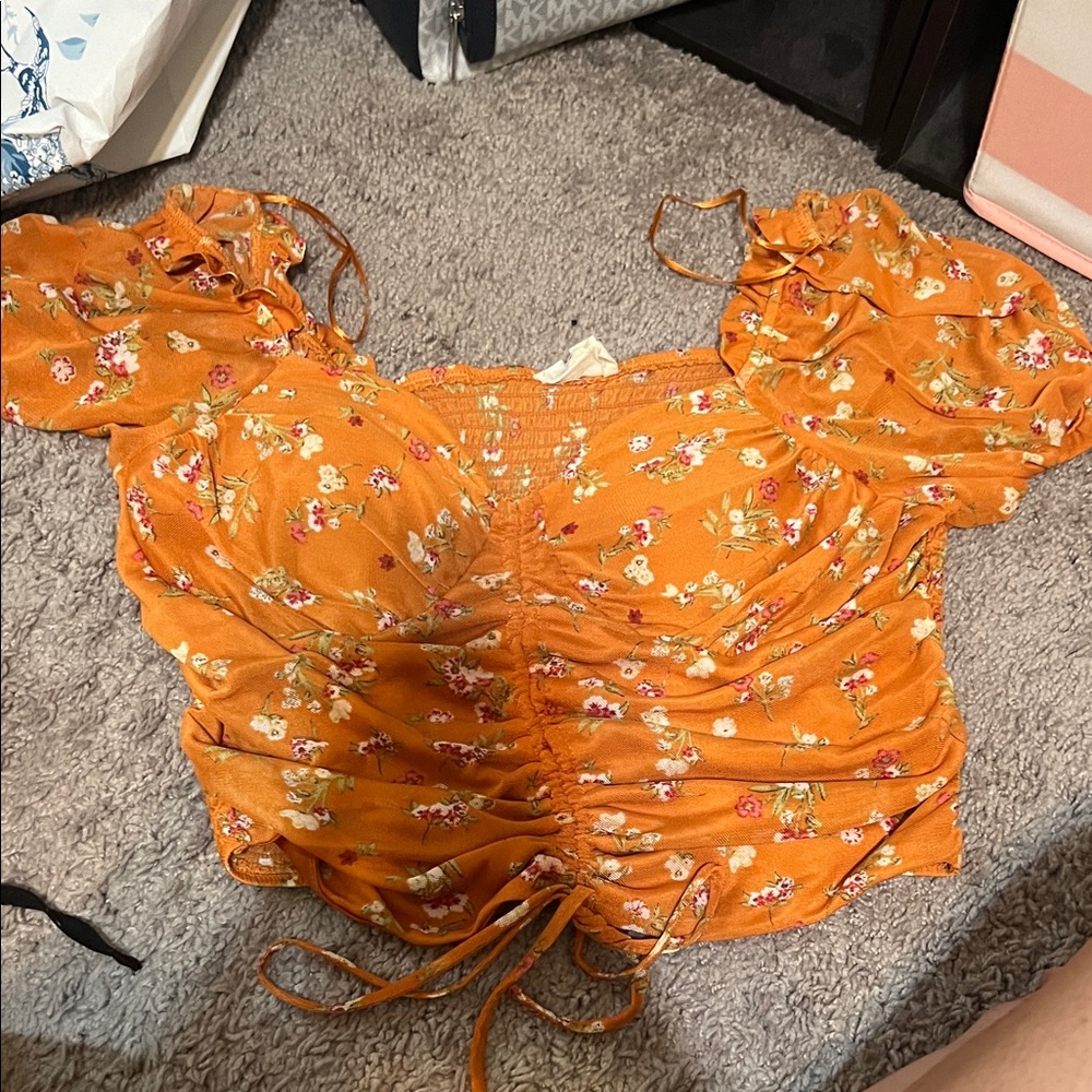 Meraki Orange Floral Ruched Blouse